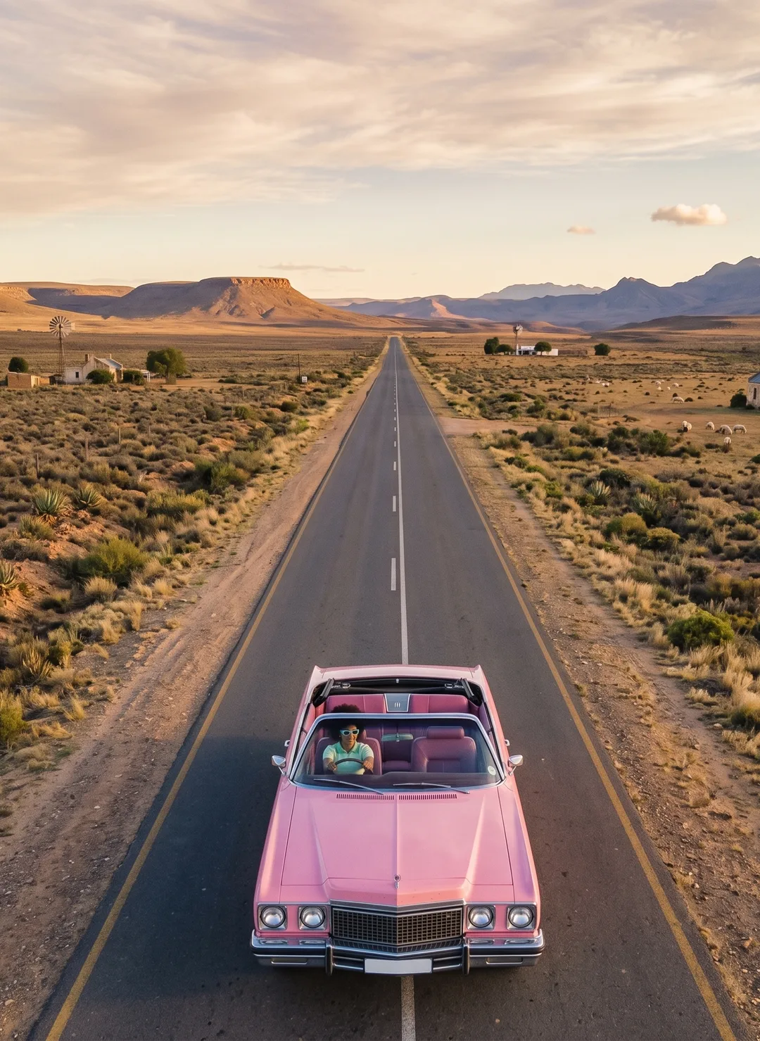 A pink convertible cruising an open Karoo road at sunset.