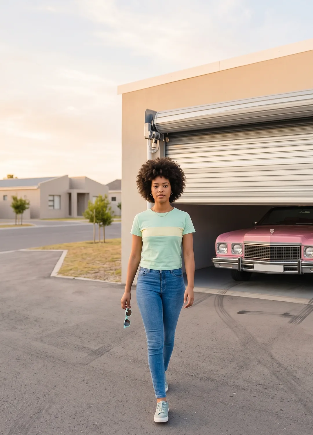 A Get Approved customer walking out of her driveway, her pink car in the garage behind her.